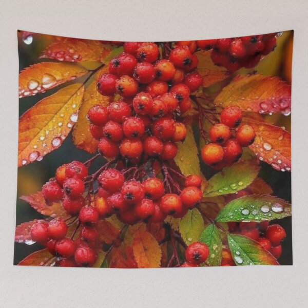 Item preview, Red Rowan Berries in Raindrops — Autumn Harvest Botanical Photography designed and sold by LYAN-STORE.