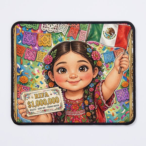 Artikelvorschau, LA DAMA RIFA 1.000.000 $ - Niedliches mexikanisches Loteria-Mädchen mit mexikanischer Flagge und Lottoschein - Nr. 9 entworfen und verkauft von HydStyle99.