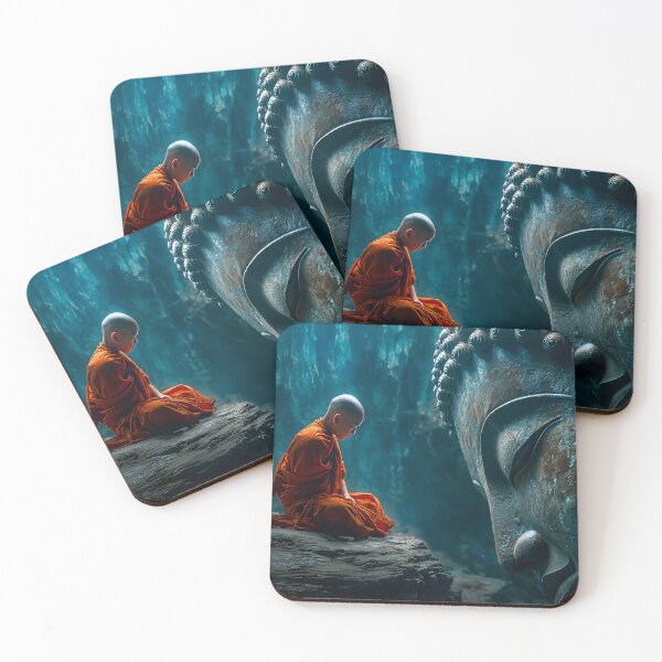 Item preview, Serene Monk Meditating Beside Giant Buddha Face designed and sold by Artessie.