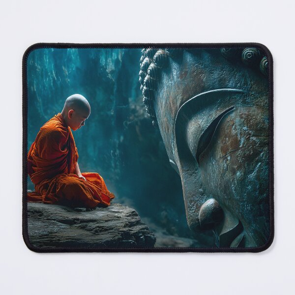 Item preview, Serene Monk Meditating Beside Giant Buddha Face designed and sold by Artessie.