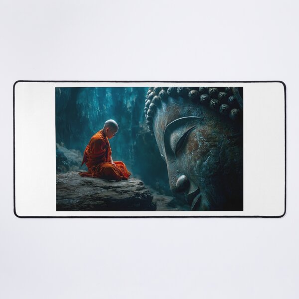 Item preview, Serene Monk Meditating Beside Giant Buddha Face designed and sold by Artessie.