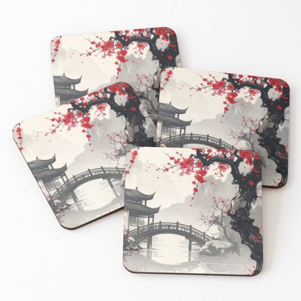 Item preview, Japanese Garden Red Cherry Blossom — Asian Ink Wash Bridge Art designed and sold by LYAN-STORE.