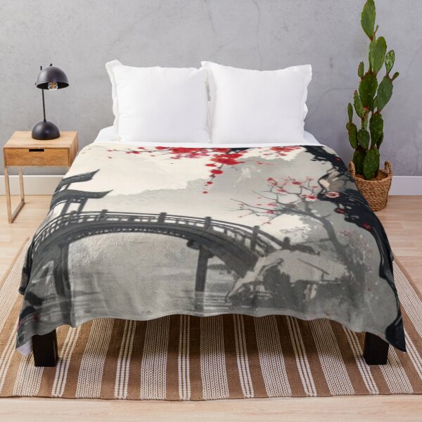 Item preview, Japanese Garden Red Cherry Blossom — Asian Ink Wash Bridge Art designed and sold by LYAN-STORE.