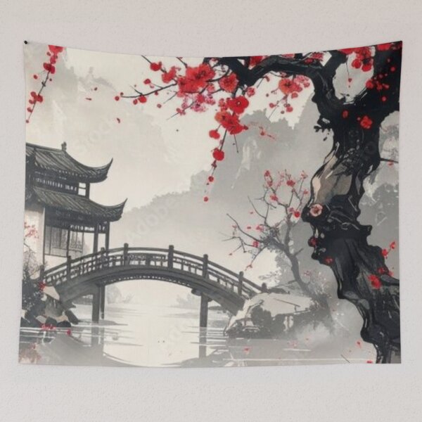 Item preview, Japanese Garden Red Cherry Blossom — Asian Ink Wash Bridge Art designed and sold by LYAN-STORE.