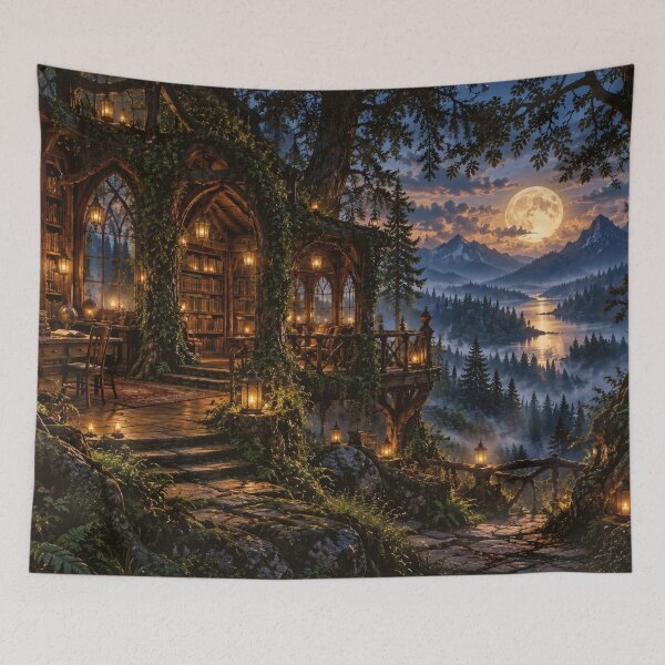 Item preview, Mystical forest library at dusk designed and sold by Kraftbaum.