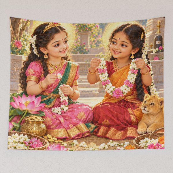 Item preview, Bala Lakshmi y Bala Parvati haciendo guirnaldas de flores designed and sold by Homyar.