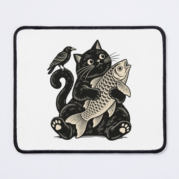 Item preview, Black Cat Holding Fish with Crow designed and sold by sasaPRO.