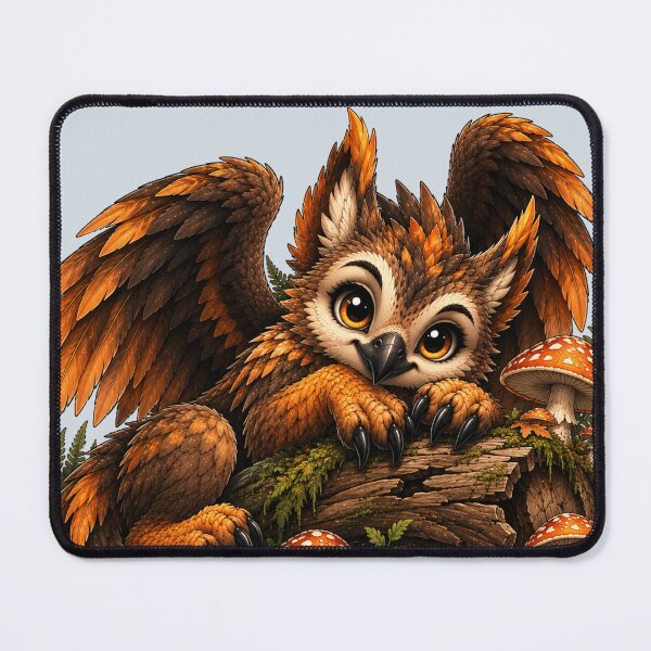 Item preview, Cute Autumn Forest Griffin on Log Mushroom Cottagecore Art designed and sold by Hatchling Hollow.
