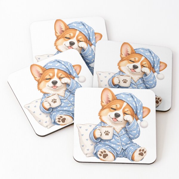 Aperçu de l'œuvre Un adorable corgi endormi en pyjama boit du café créée et vendue par CorgiCoffeeHub.