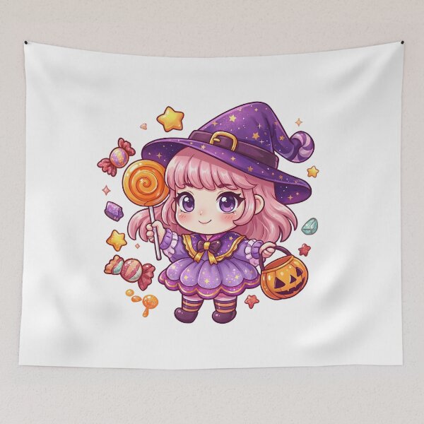Item preview, Cute Chibi Witch Halloween Design with Candy & Pumpkin designed and sold by SideKickCreates.