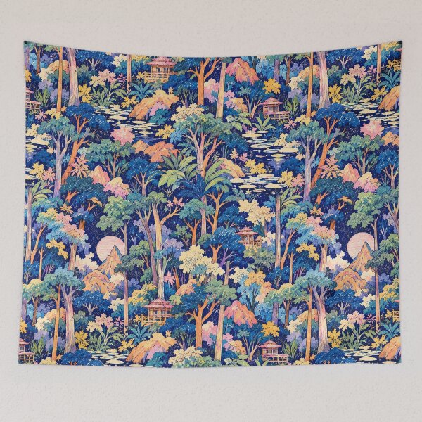 Item preview, Hidden Moonlit Pavilion – Enchanted East Asian Forest Pattern designed and sold by Bodique.