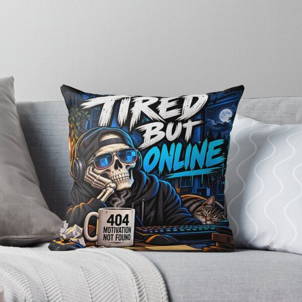 Item preview, Tired But Online – Funny Gamer Skeleton 404 Meme designed and sold by Petrichor82.