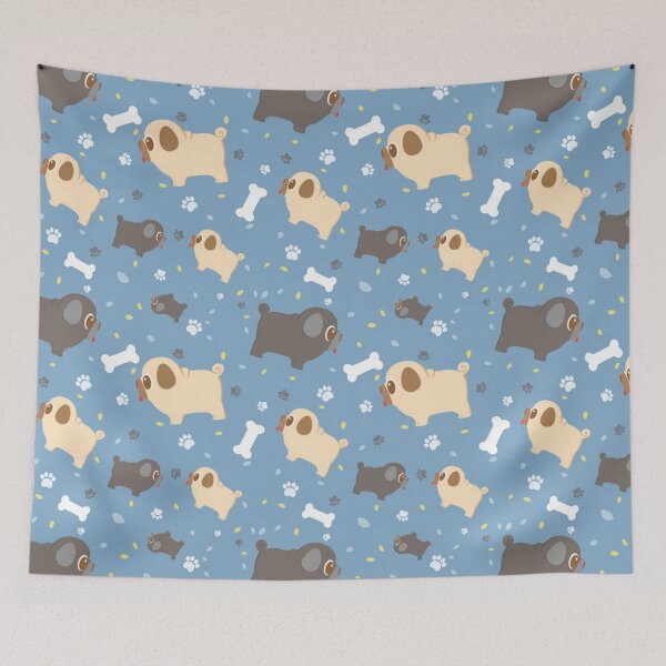 Item preview, Black and Fawn pugs on Blue Background designed and sold by pugmom4.