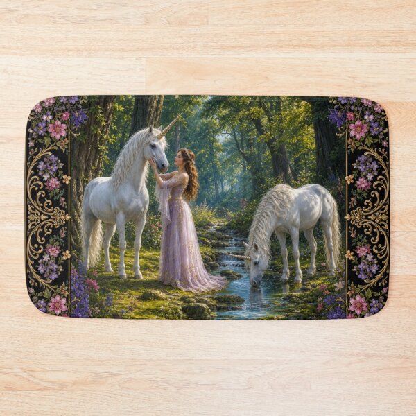 Item preview, Whimsical Forest Rug Art Girl With Unicorns and Floral Borders  designed and sold by DrewRomeoCo.