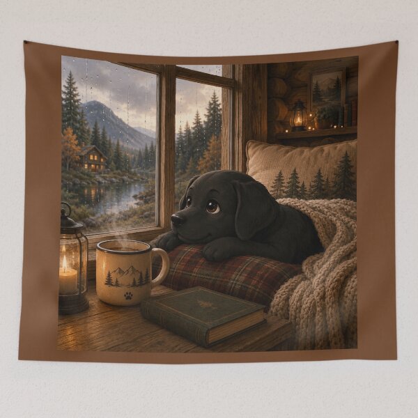 Item preview, Black Labrador Puppy in his Cabin - Rainy Day and Blanket designed and sold by Goodthingstree.