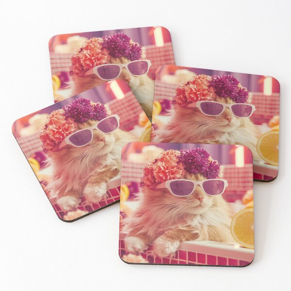 Artikelvorschau, Glamouröse Katze mit Blumenkranz und Sonnenbrille – Pinker Retro-Look entworfen und verkauft von Designed By Shannon.