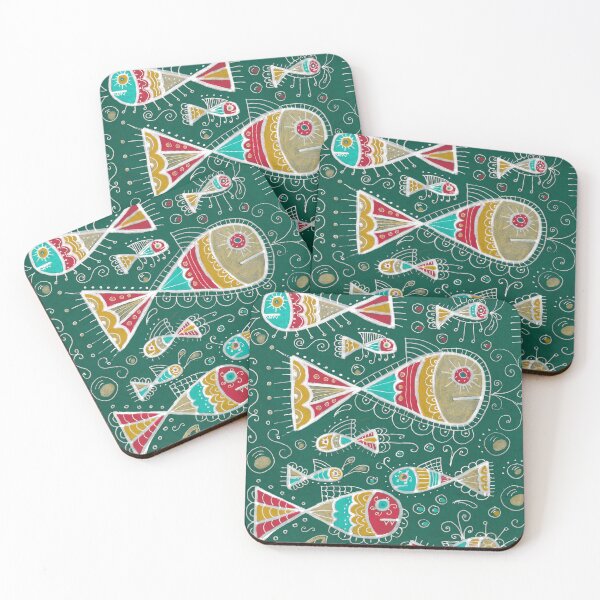 Item preview, Whimsical Folk Fish Pattern on Deep Green designed and sold by Fani*.