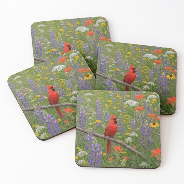 Item preview, Wild Flowers and Northern Red Cardinal Bird Perched On A Branch   designed and sold by DrewRomeoCo.