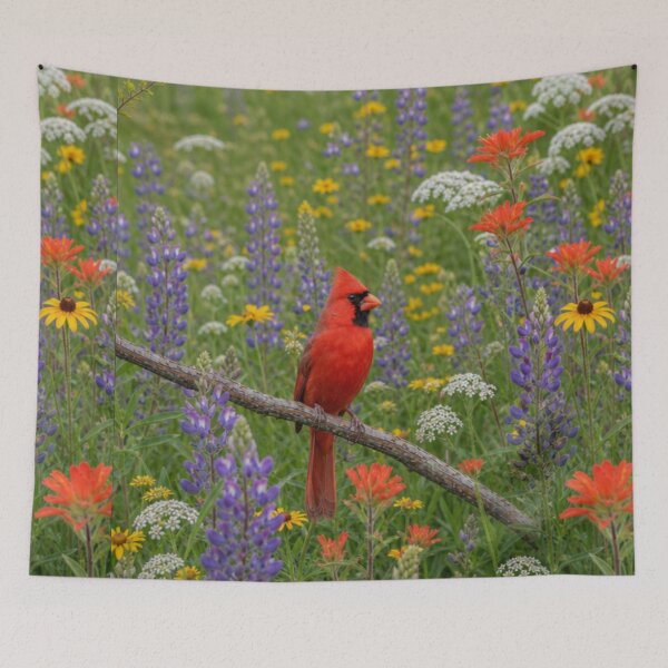 Item preview, Wild Flowers and Northern Red Cardinal Bird Perched On A Branch   designed and sold by DrewRomeoCo.