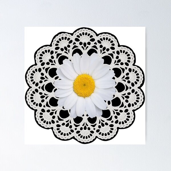 Artikelvorschau, Weißes Gänseblümchen-Deckchen, Retro-Vibes, florale Mandala-Kunst auf weißem Grund, Formenwahn entworfen und verkauft von Shapes-Mania.
