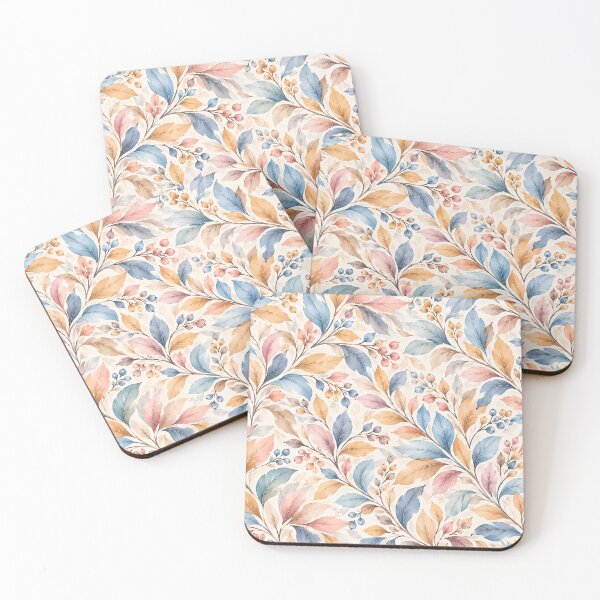 Aperçu de l'œuvre Pastel Botanical Leaves – Blue, Peach & Blush Watercolor Pattern créée et vendue par HO•Designs.
