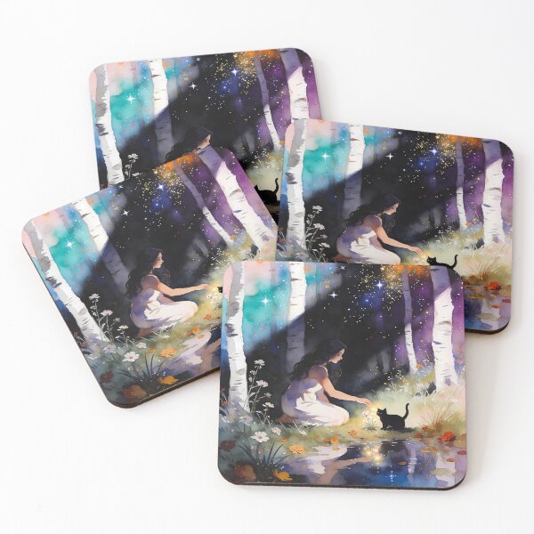 Item preview, Woman and Black Cat in Autumn Forest Watercolor designed and sold by soulfulpalette.