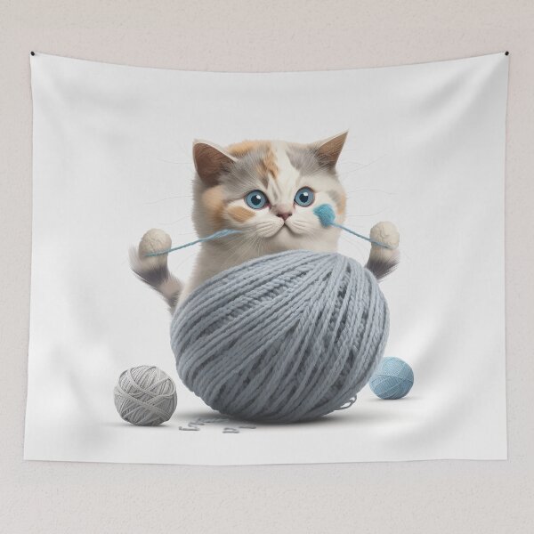 Item preview, Blue-Eyed Cream Kitten with Yarn – Cute Knitting Cat Art designed and sold by Apex Designs.