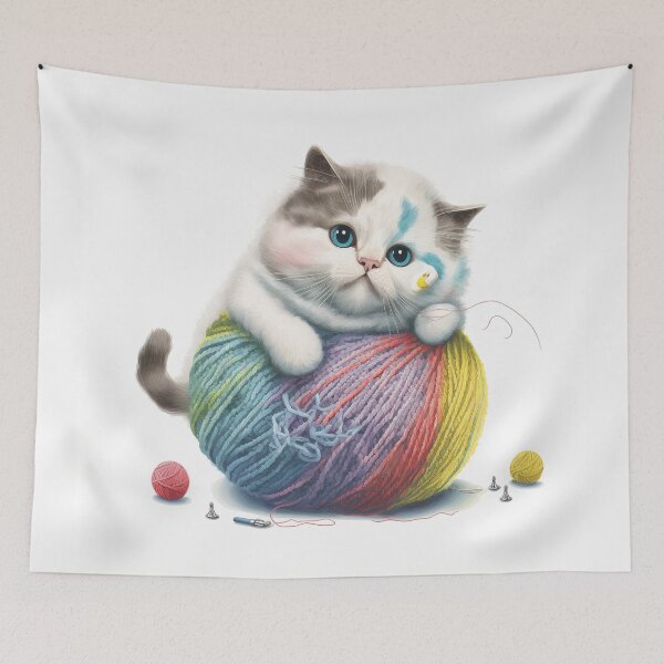 Item preview, Blue Eyed White Kitten with Rainbow Yarn Cute Cat Art designed and sold by Apex Designs.