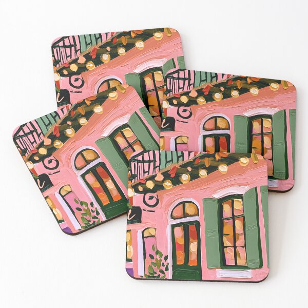 Item preview, Charming Cafe with String Lights Green Shutters and Colorful Autumn Street Details designed and sold by OlfactoART Studio.
