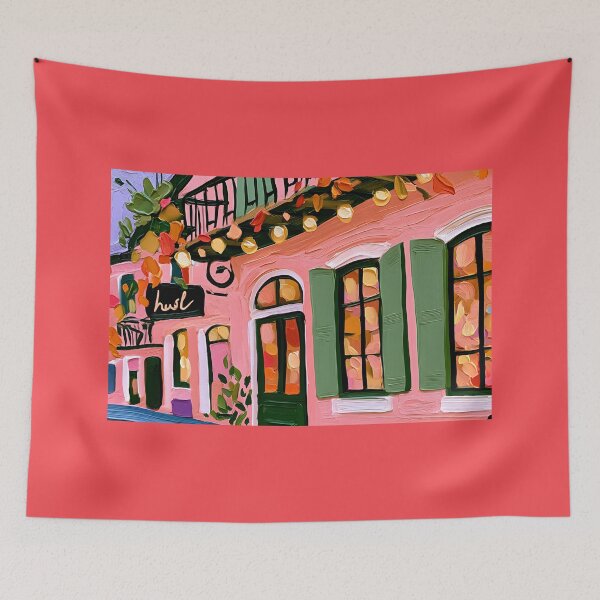 Item preview, Charming Cafe with String Lights Green Shutters and Colorful Autumn Street Details designed and sold by OlfactoART Studio.