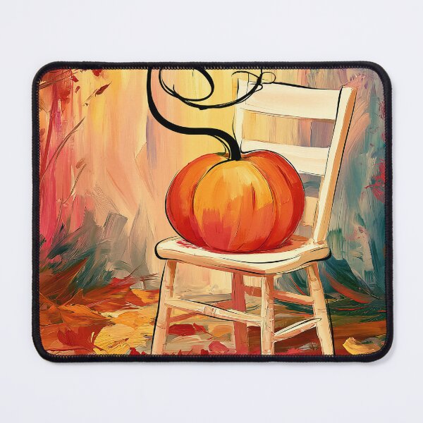 Item preview, Vibrant Autumn Pumpkin on a White Chair Surrounded by Fallen Leaves in Warm Red and Orange Hues designed and sold by OlfactoART Studio.