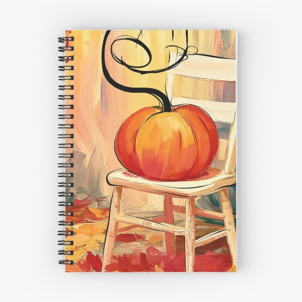 Item preview, Vibrant Autumn Pumpkin on a White Chair Surrounded by Fallen Leaves in Warm Red and Orange Hues designed and sold by OlfactoART Studio.
