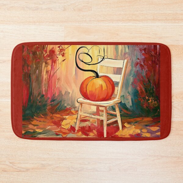 Item preview, Vibrant Autumn Pumpkin on a White Chair Surrounded by Fallen Leaves in Warm Red and Orange Hues designed and sold by OlfactoART Studio.