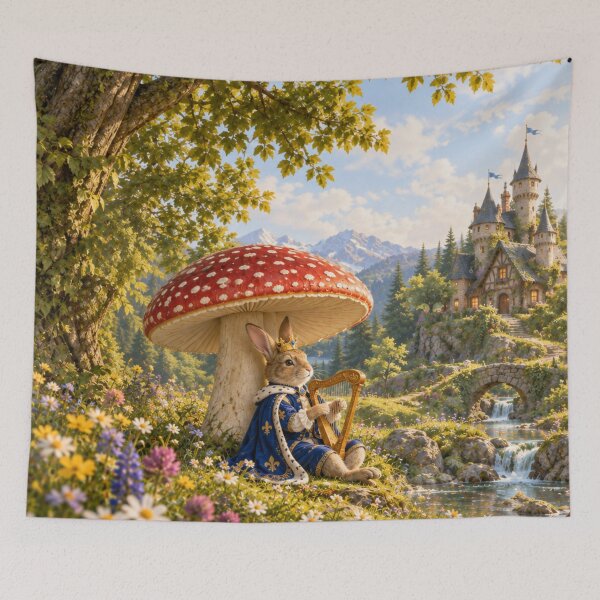 Item preview, Whimsical Woodland Flower Meadow Rabbit Playing Harp Watercolor Illustration Design  designed and sold by DrewRomeoCo.