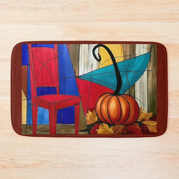 Item preview, Vibrant Red Chair and Pumpkin in a Bold Geometric Autumn Composition with Warm Fall Colors designed and sold by OlfactoART Studio.