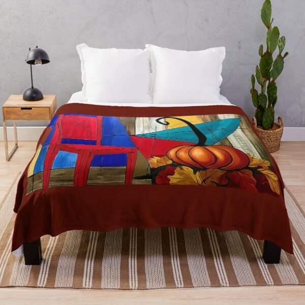 Item preview, Vibrant Red Chair and Pumpkin in a Bold Geometric Autumn Composition with Warm Fall Colors designed and sold by OlfactoART Studio.