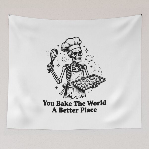Item preview, You Bake The World A Better Place Funny Spooky Skeleton Baker designed and sold by Neon Bones Studio.