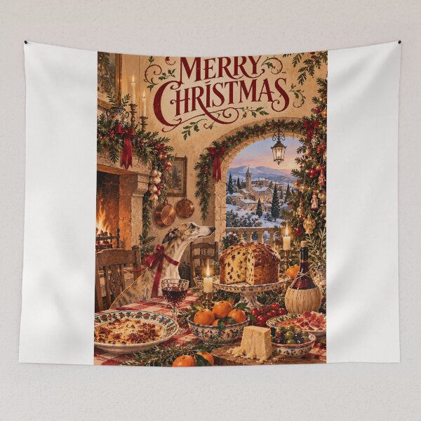 Item preview, Tuscan Christmas Feast with Greyhound and Snowy Italian Village designed and sold by Places On Earth.
