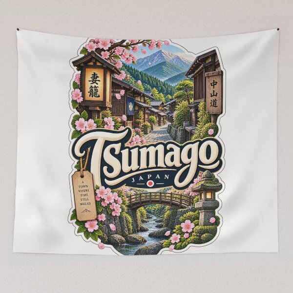 Item preview, Tsumago Japan Nakasendo Post Town Cherry Blossoms and Kiso Valley designed and sold by Places On Earth.