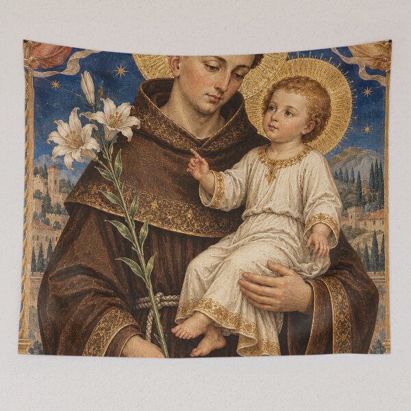 Aperçu de l'œuvre Saint Antoine de Padoue – Saint Antoine tenant l'Enfant Jésus | Art religieux catholique créée et vendue par Crux Fidelis.