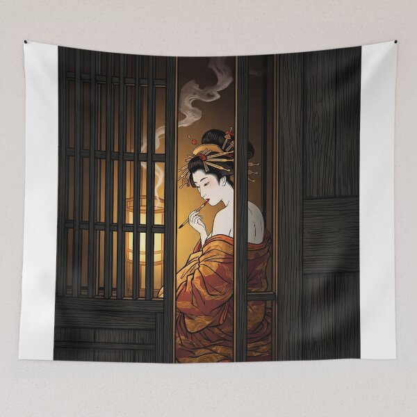 Artikelvorschau, Geisha raucht Pfeife hinter hölzerner Gittertür entworfen und verkauft von TokyoUkiyoHouse.