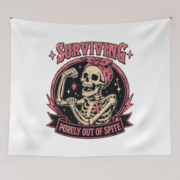 Item preview, skeleton surviving purely out of spite pink ribbon coffee mug designed and sold by hugoinkcoast.