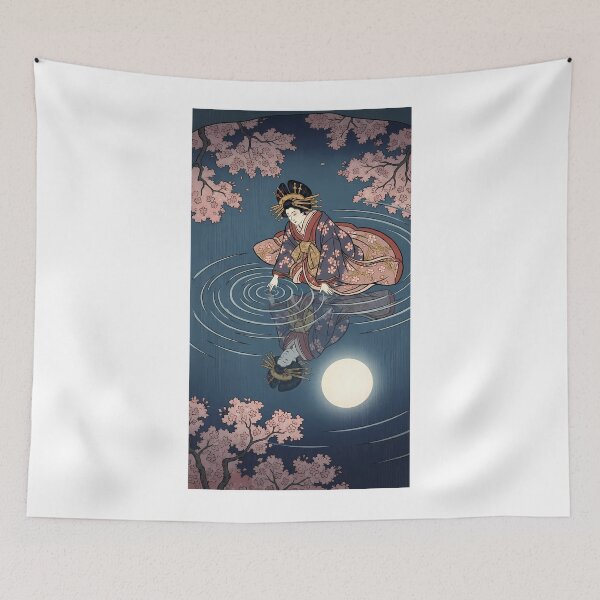 Item preview, Geisha Reflecting Full Moon Water Ripple Ukiyo-e designed and sold by TokyoUkiyoHouse.