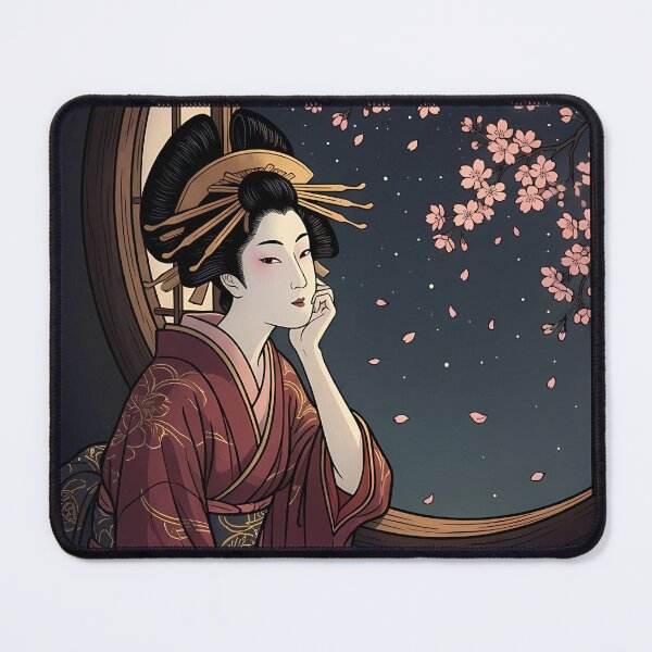 Item preview, Geisha Looking at Night Sakura Through Circular Window designed and sold by TokyoUkiyoHouse.