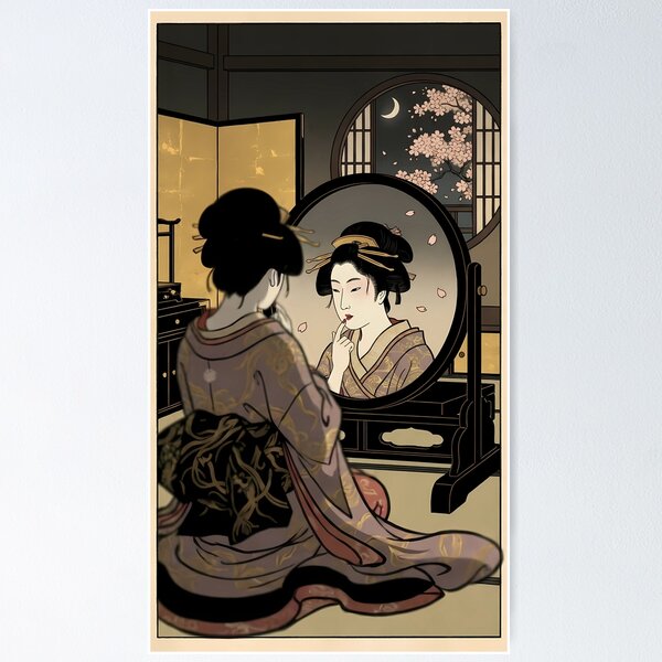 Item preview, Escena nocturna de una geisha aplicándose lápiz labial rojo frente al espejo (Ukiyo-e) designed and sold by TokyoUkiyoHouse.