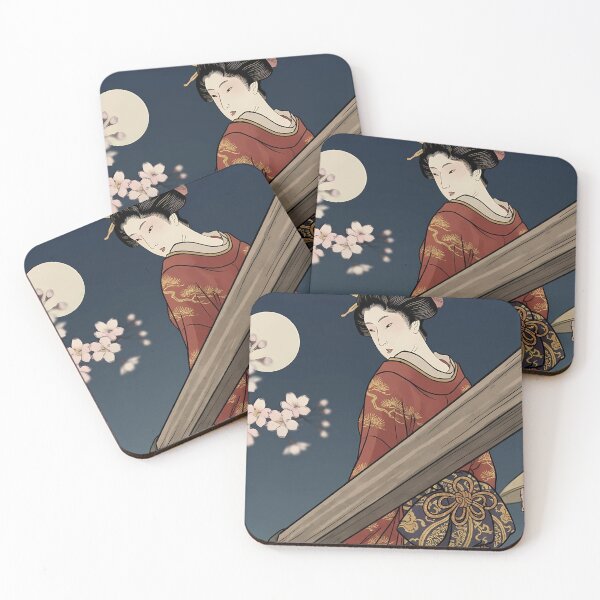 Item preview, Japanese Woman on Wooden Bridge Under Full Moon and Sakura designed and sold by TokyoUkiyoHouse.