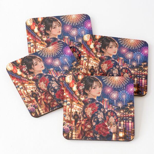 Item preview, Japanese Woman in Kimono with Fireworks and Festival Lanterns designed and sold by vekotpu.
