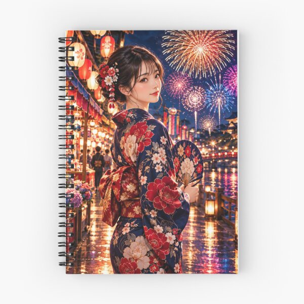 Item preview, Japanese Woman in Kimono with Fireworks and Festival Lanterns designed and sold by vekotpu.