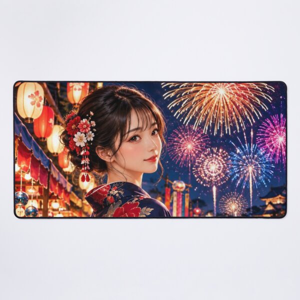 Item preview, Japanese Woman in Kimono with Fireworks and Festival Lanterns designed and sold by vekotpu.