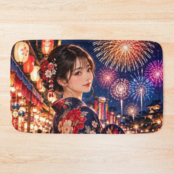 Item preview, Japanese Woman in Kimono with Fireworks and Festival Lanterns designed and sold by vekotpu.